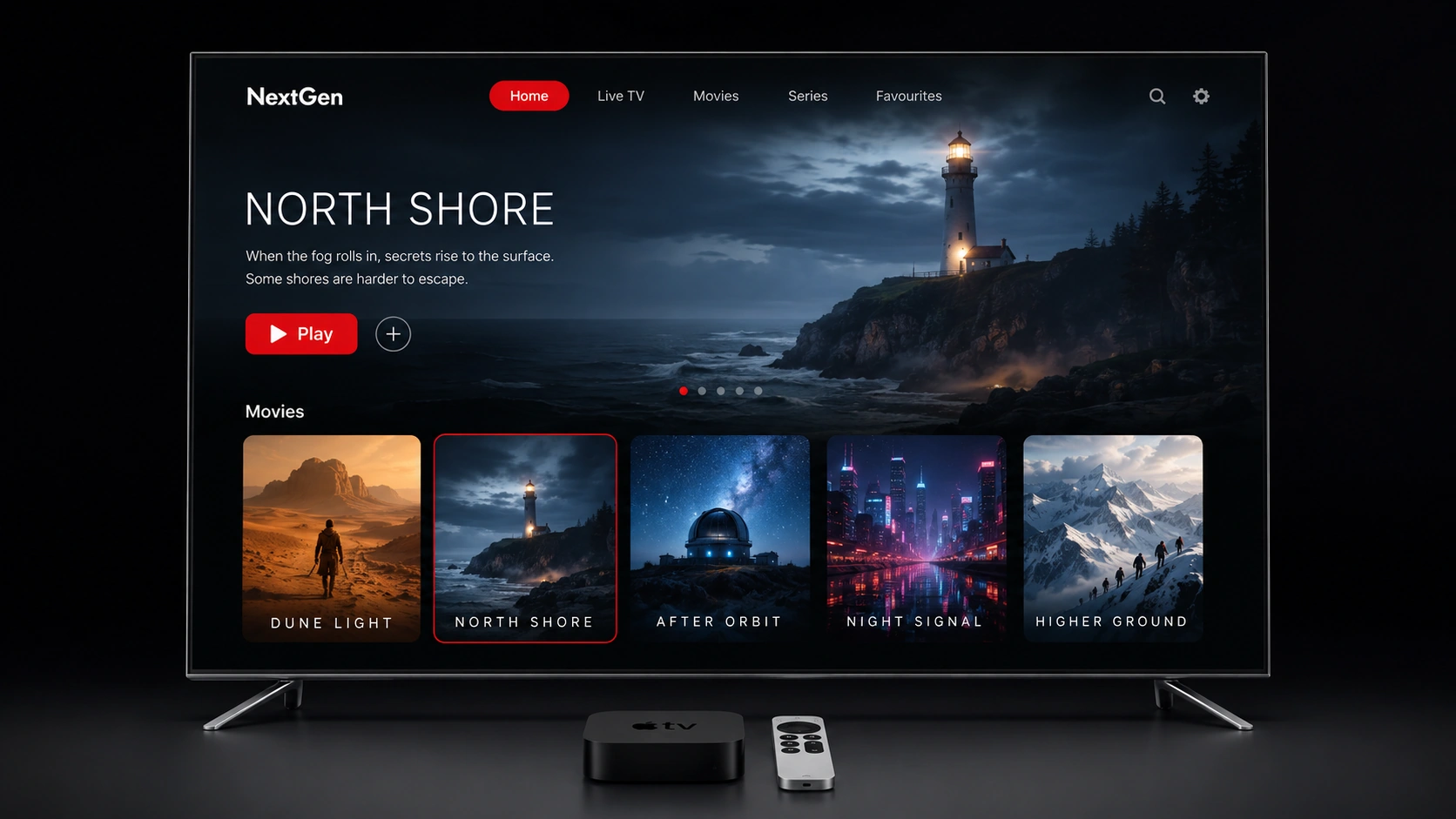 Full television, Apple TV box and remote with an illustrative NextGen film library